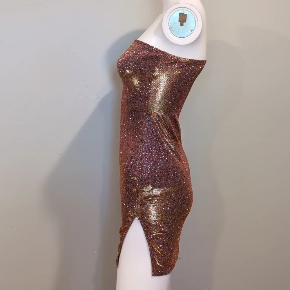 SHEIN Golden Copper Sparkly Strapless Bodycon Mini Party Dress With Slit Size XS